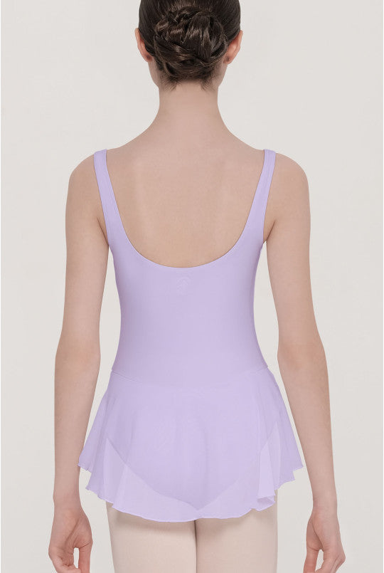 Person wearing a light purple leotard on a plain background