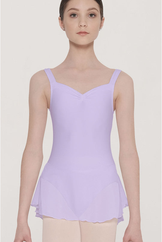 Person wearing a light purple leotard against a plain background
