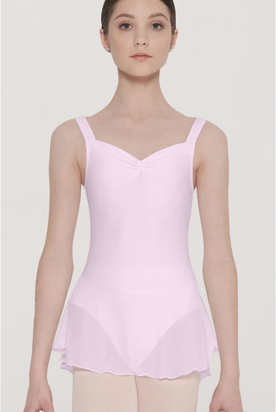 Person wearing a light purple ballet leotard against a plain background