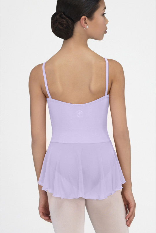 Person wearing a light purple leotard with a skirt on a white background