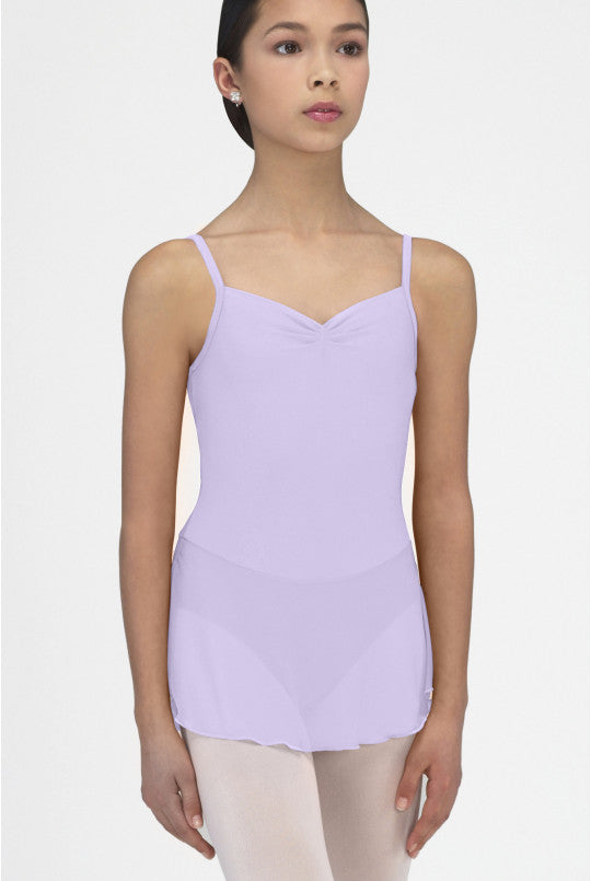 Woman wearing a light purple camisole against a white background
