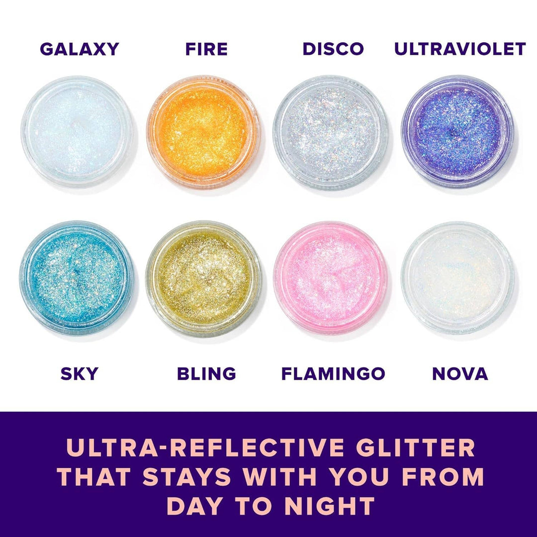 Collection of ultra-reflective glitter in various colors with labels on a purple background.