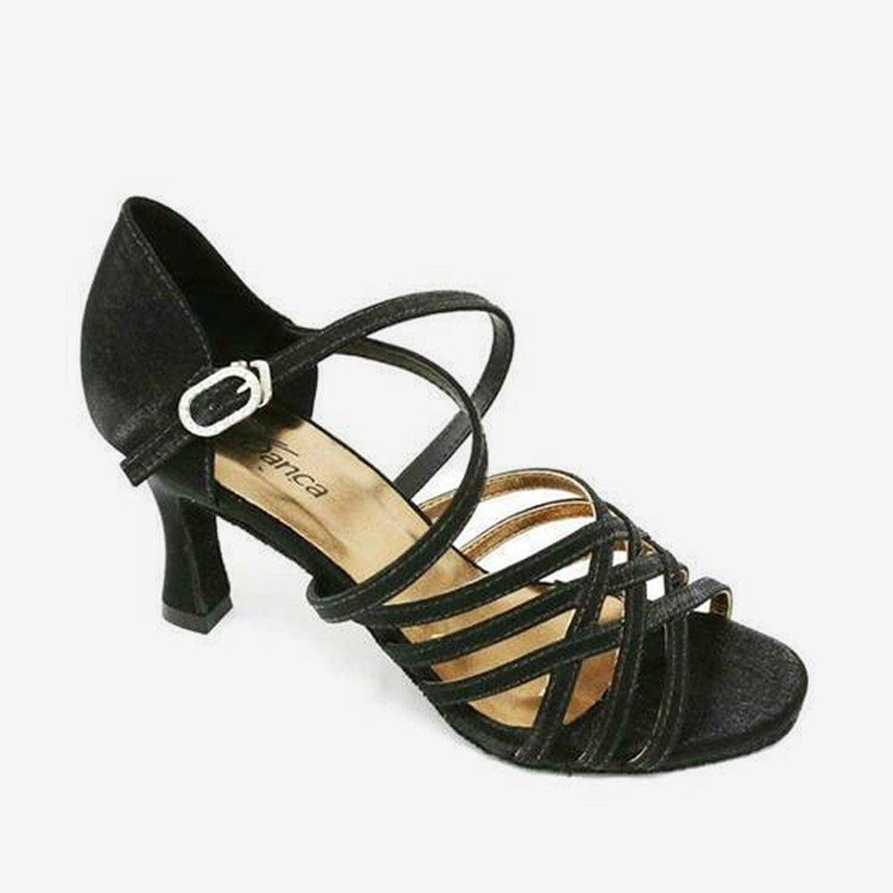 Black dance shoe with multiple straps on a white background