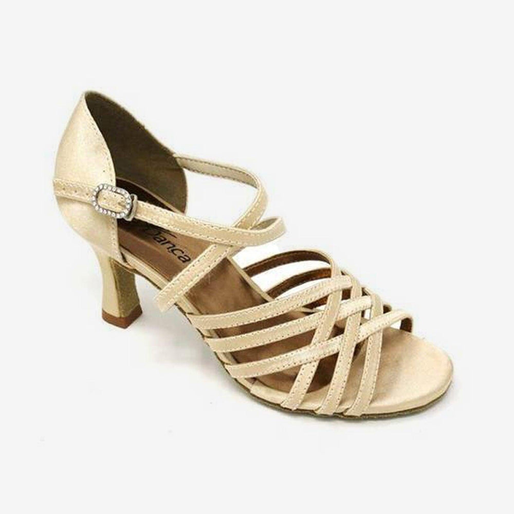 Beige sandal with strappy design on a white background
