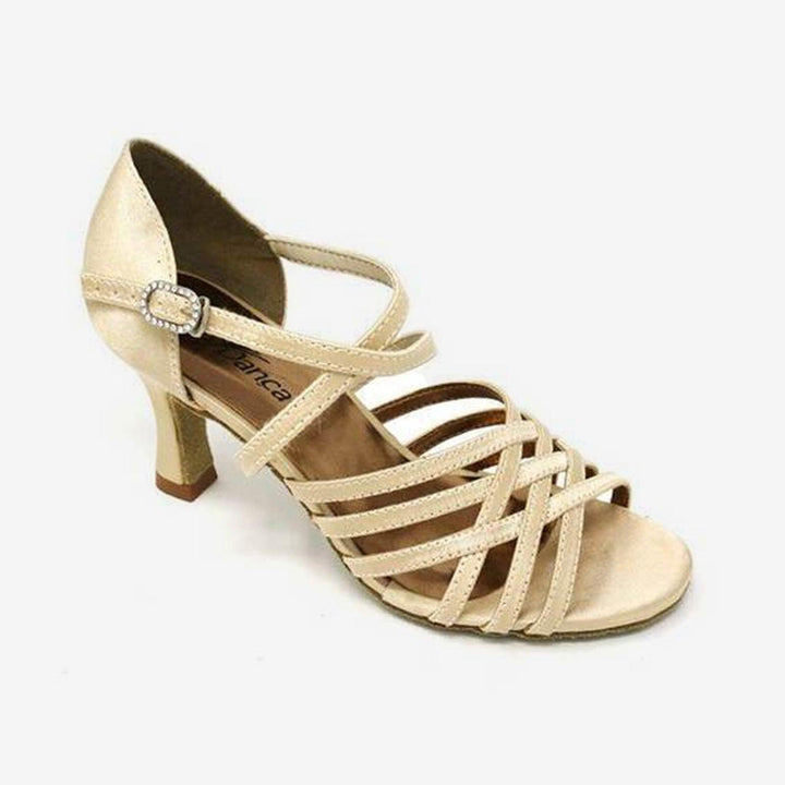Beige sandal with strappy design on a white background