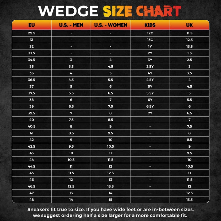 Wedge size chart with EU, U.S., and UK measurements.