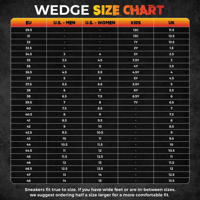 Wedge size chart with measurements for EU, U.S. Men, U.S. Women, Kids, and UK sizes on a black background.