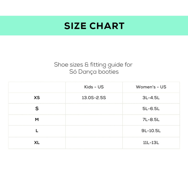 Size chart for Só Dança booties with shoe size conversions between kids' and women's US standards.