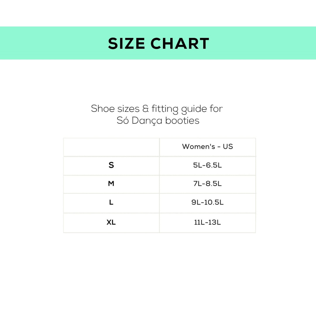 Size chart for Só Dança booties with shoe size measurements for women’s US.