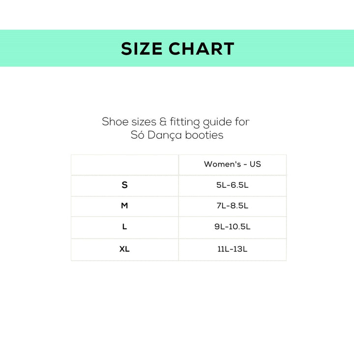 Size chart for Só Dança booties with shoe size measurements for women’s US.