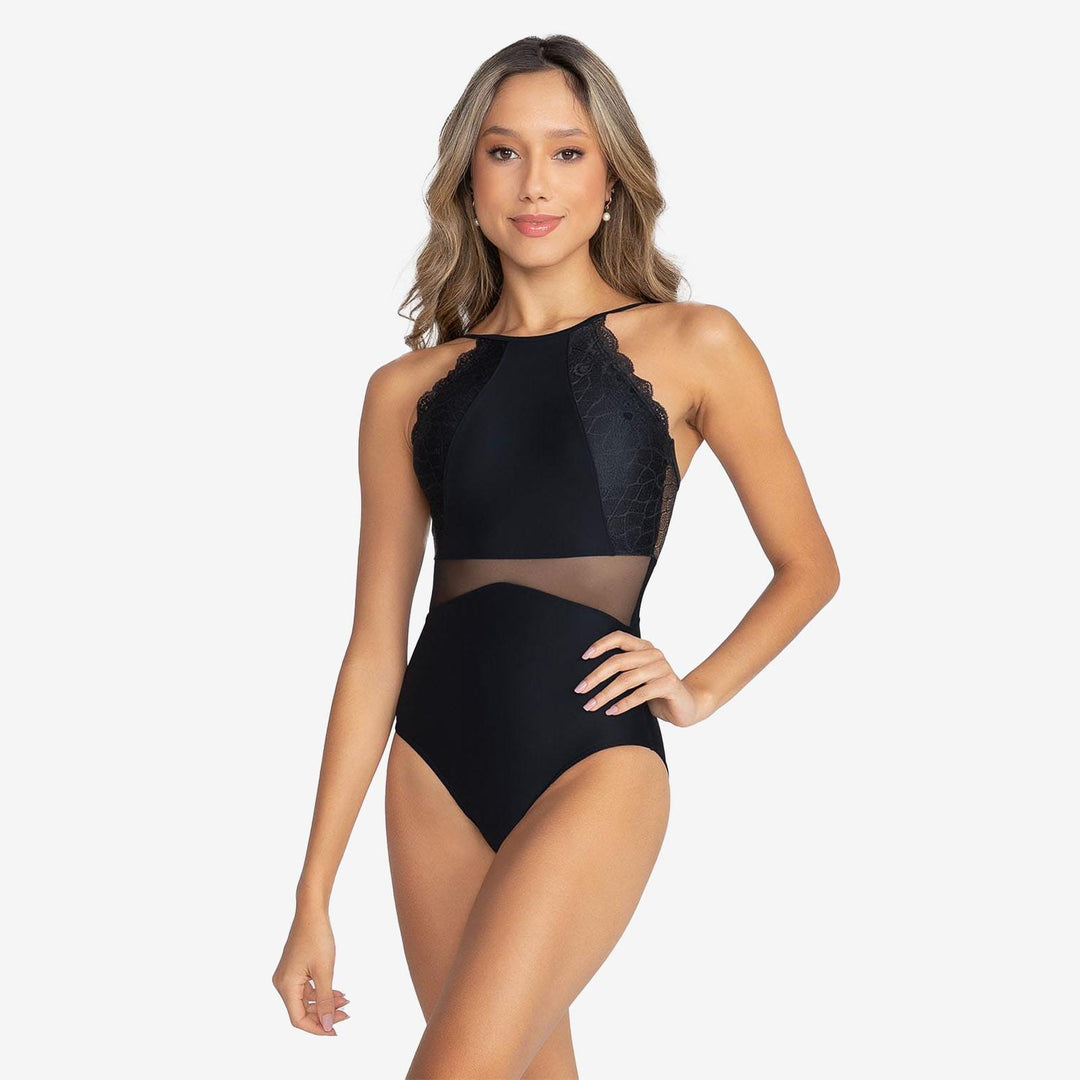Woman wearing a black swimsuit on a white background