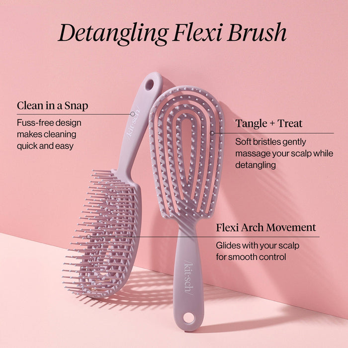 Detangling Flexi Brush with features highlighted on a pink background