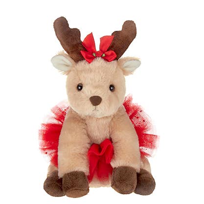 Plush reindeer toy with red bow and tulle on a white background