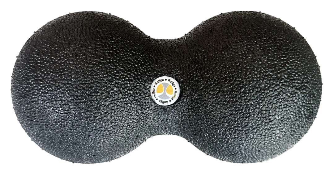 Black foam roller with a brand logo on a white background