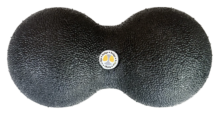 Black foam roller with a brand logo on a white background