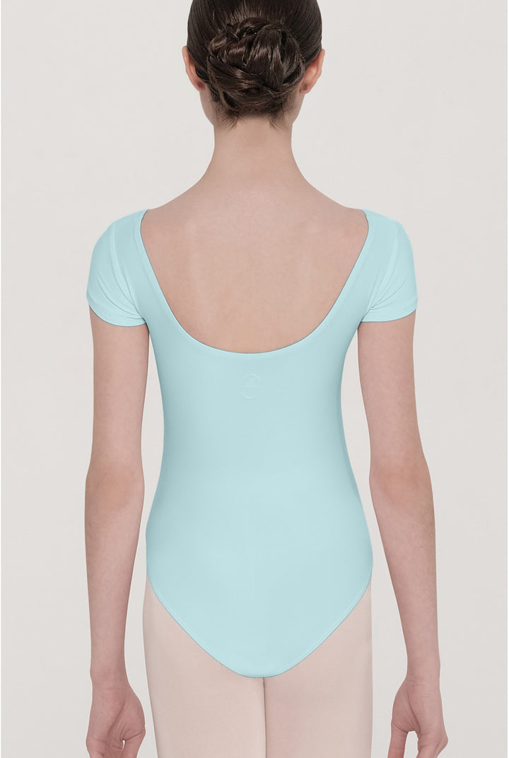 A dancer viewed from the back wearing a light mint blue short-sleeve leotard and pale pink tights against a solid light beige background.