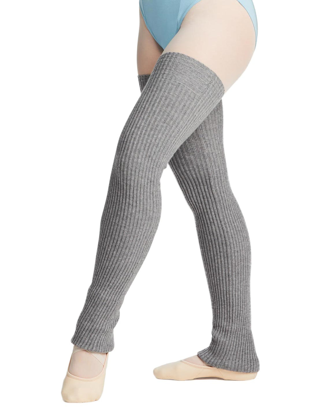 Gray ribbed knee-high socks worn by a person on a white background