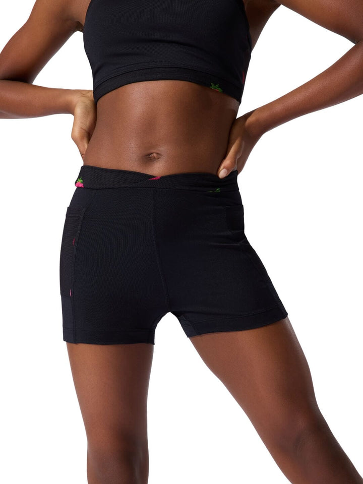 Person wearing black athletic shorts on a white background