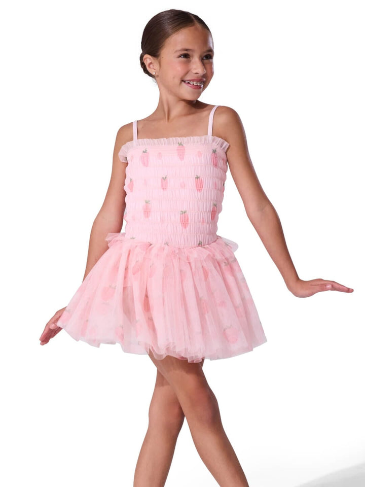 Young girl wearing a pink ballet dress on a white background