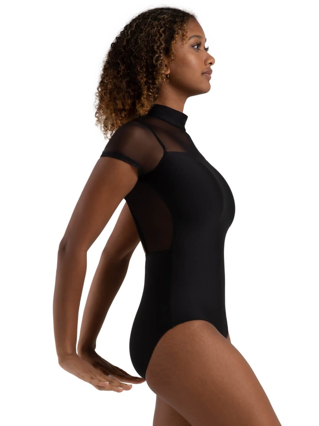 Black sheer bodysuit worn by a model on a white background