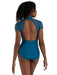 Woman wearing a blue swimsuit with mesh back on a white background
