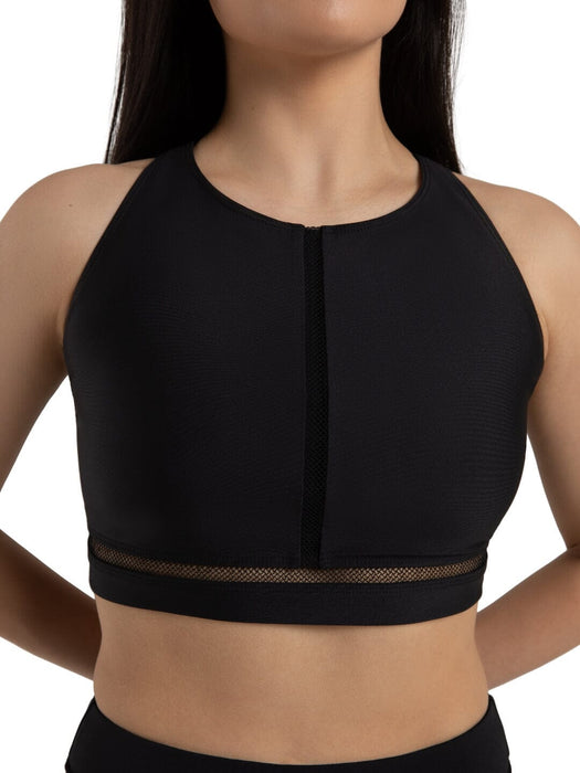 Black sports bra with mesh detail on a white background
