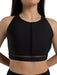 Black sports bra with mesh detail on a white background