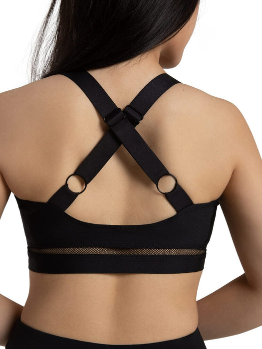 Black sports bra with mesh detail on a white background