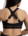 Black sports bra with mesh detail on a white background