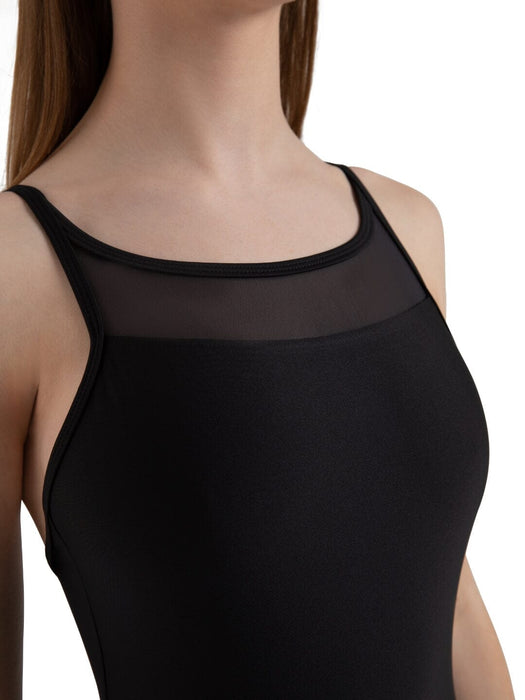 Black tank top with sheer mesh back on a white background