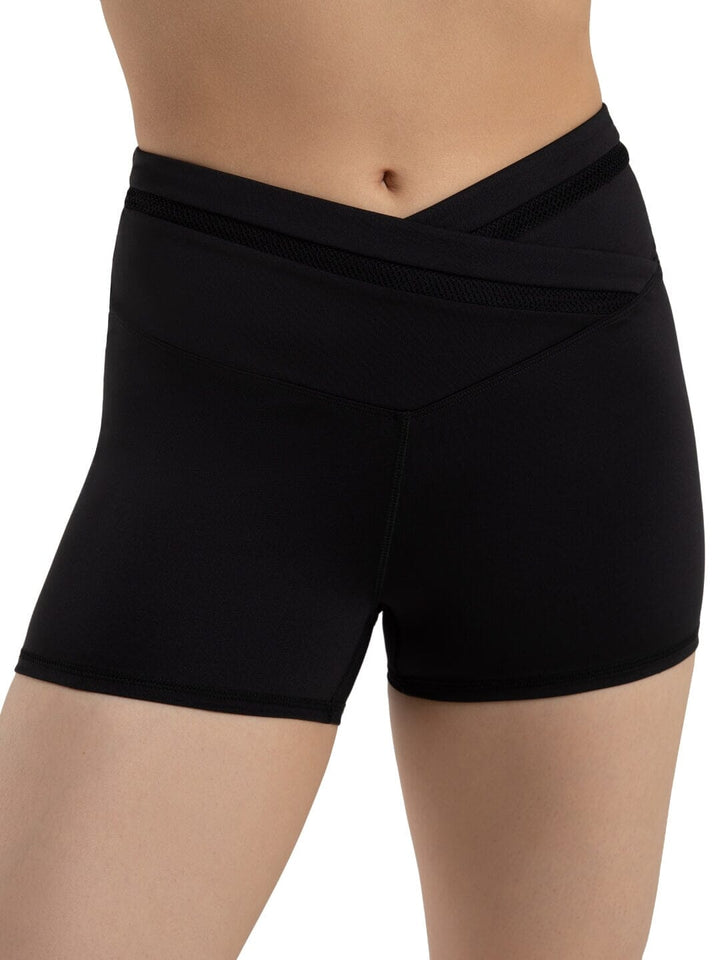 Black shorts worn by a person on a white background