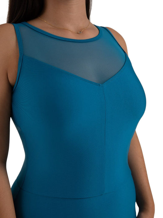 Blue sleeveless top with mesh detail on a white background
