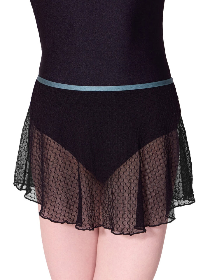 Black lace skirt with sheer overlay on a white background