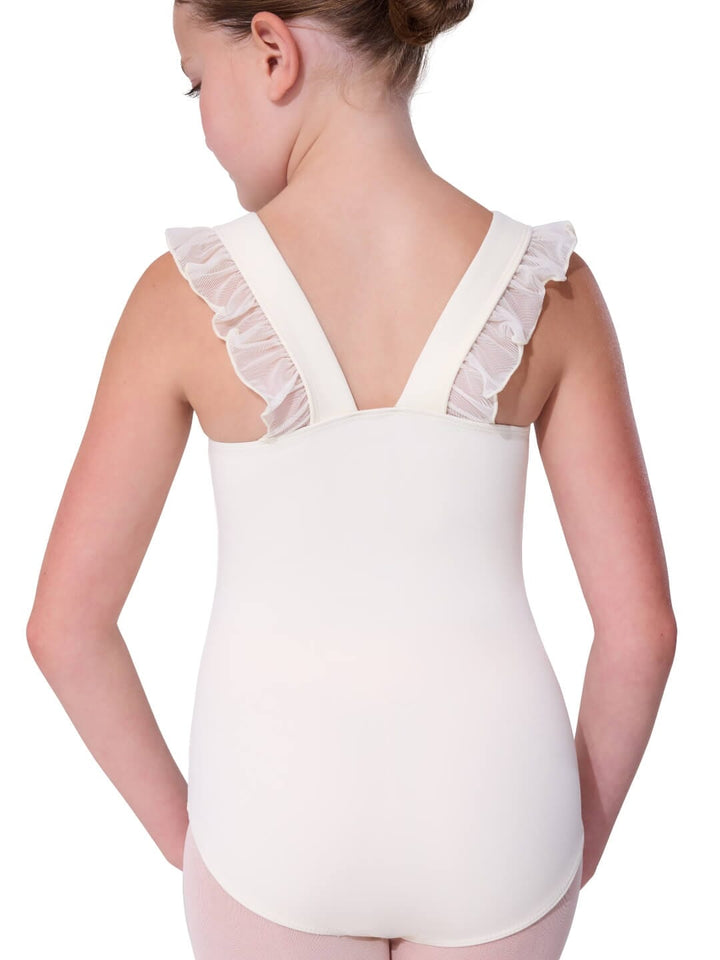 White leotard with ruffled shoulders worn by a person on a white background