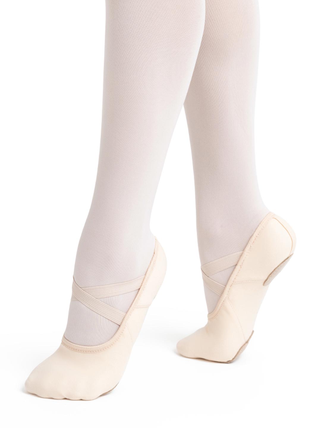 White tights with beige ballet shoes on a white background