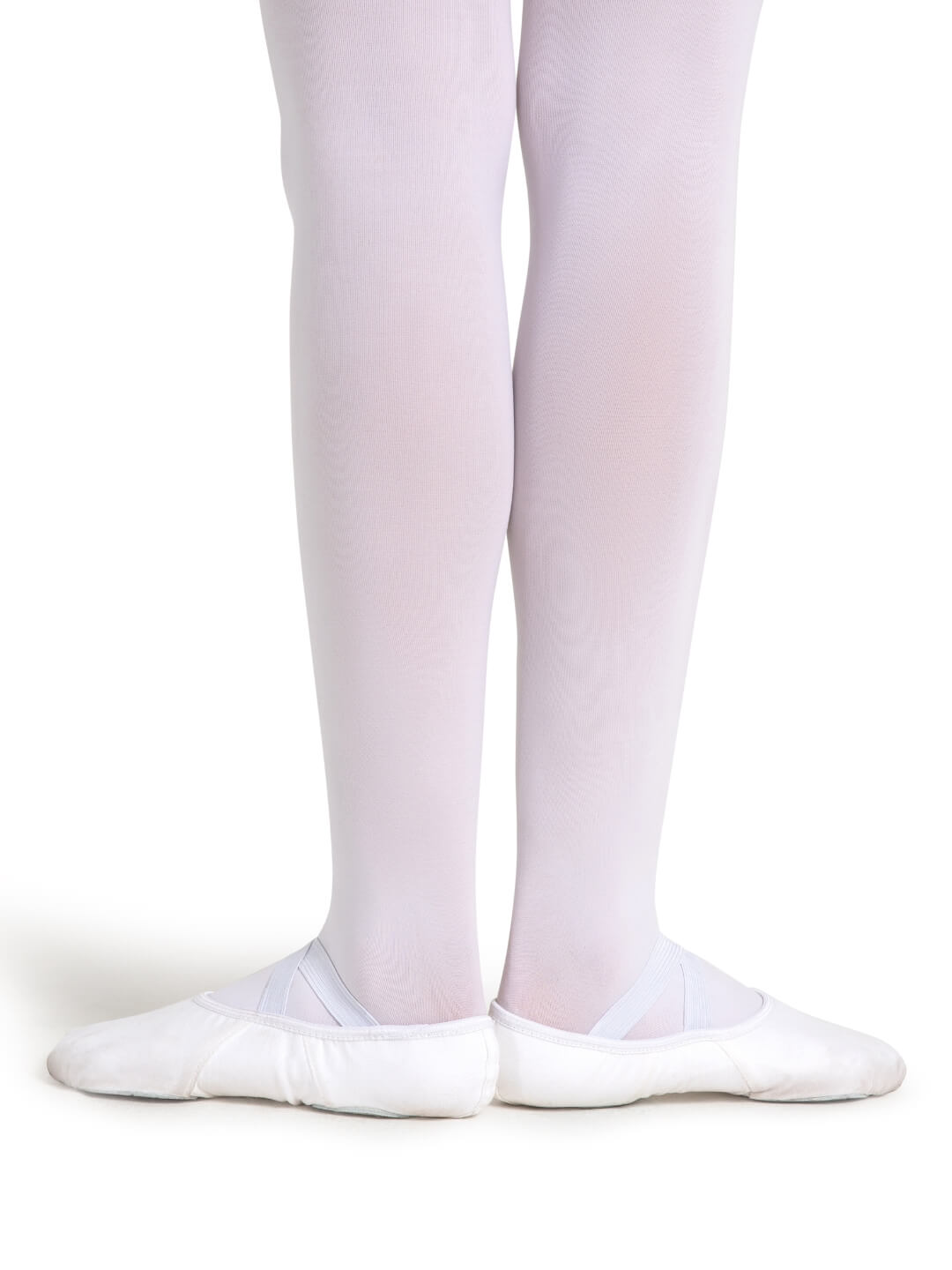 White tights and ballet shoes on a white background