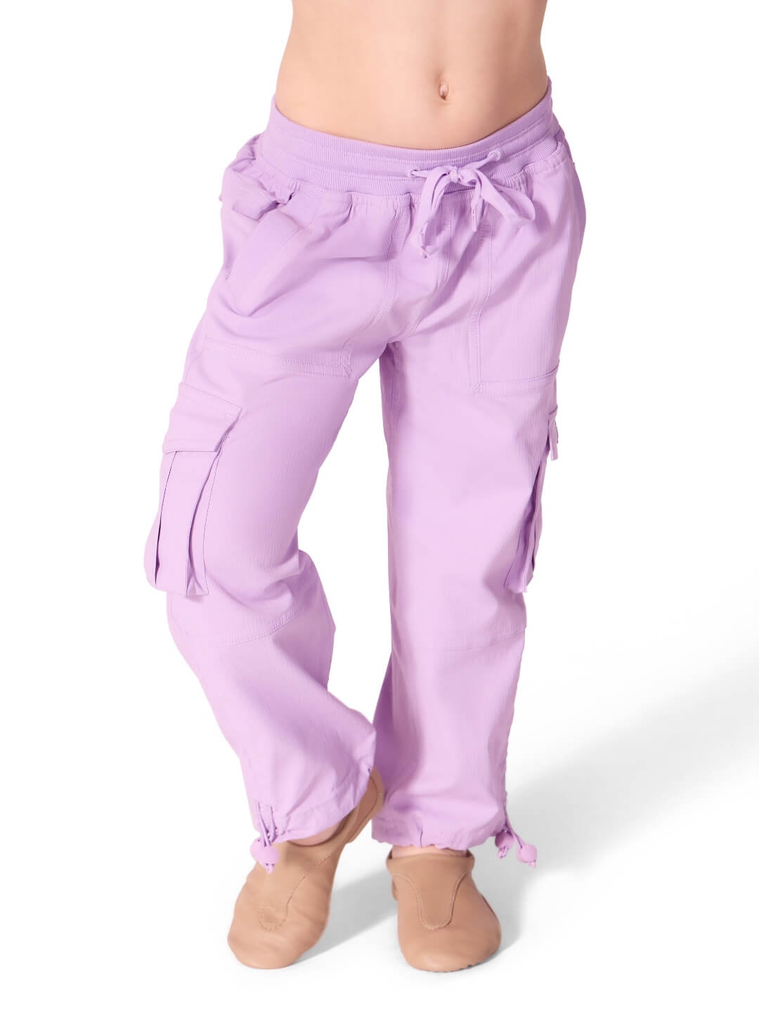 Purple pants worn by a person on a white background