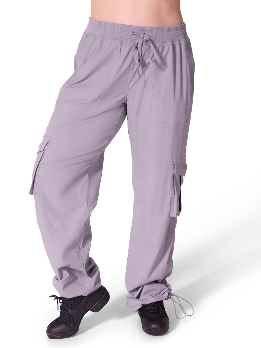 Purple cargo pants on a white background
