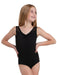 Young girl wearing a black leotard on a white background