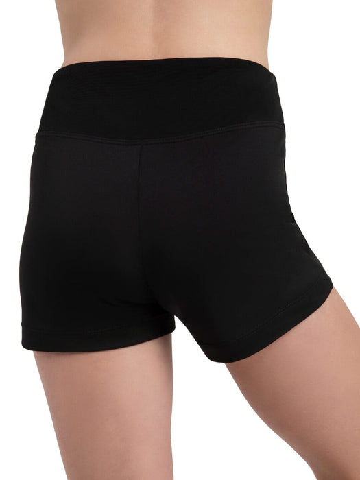 Black shorts worn by a person on a white background