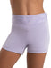 Light purple athletic shorts worn by a person on a white background