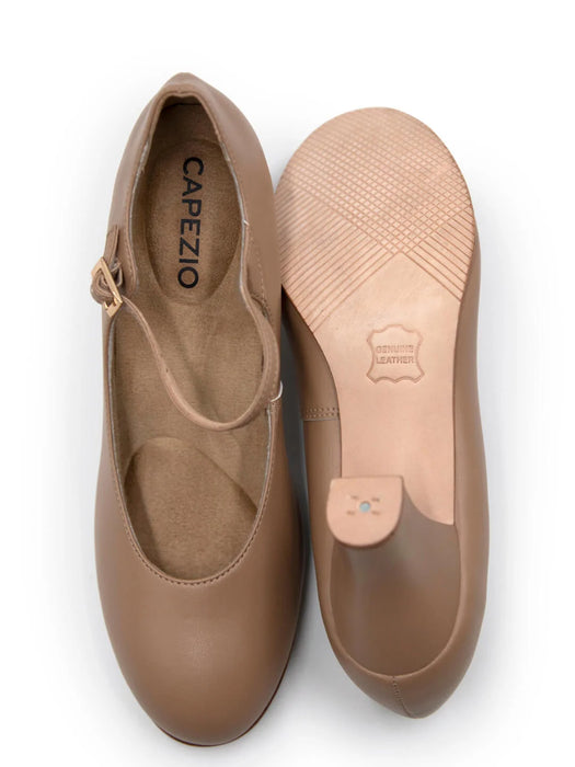 Pair of brown ballet flats with 'Capezio' branding on a white background
