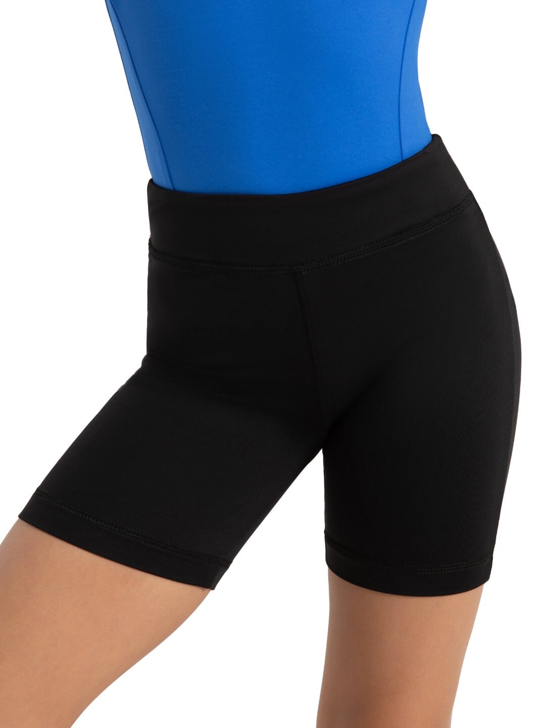 Black shorts worn with a blue top on a white background