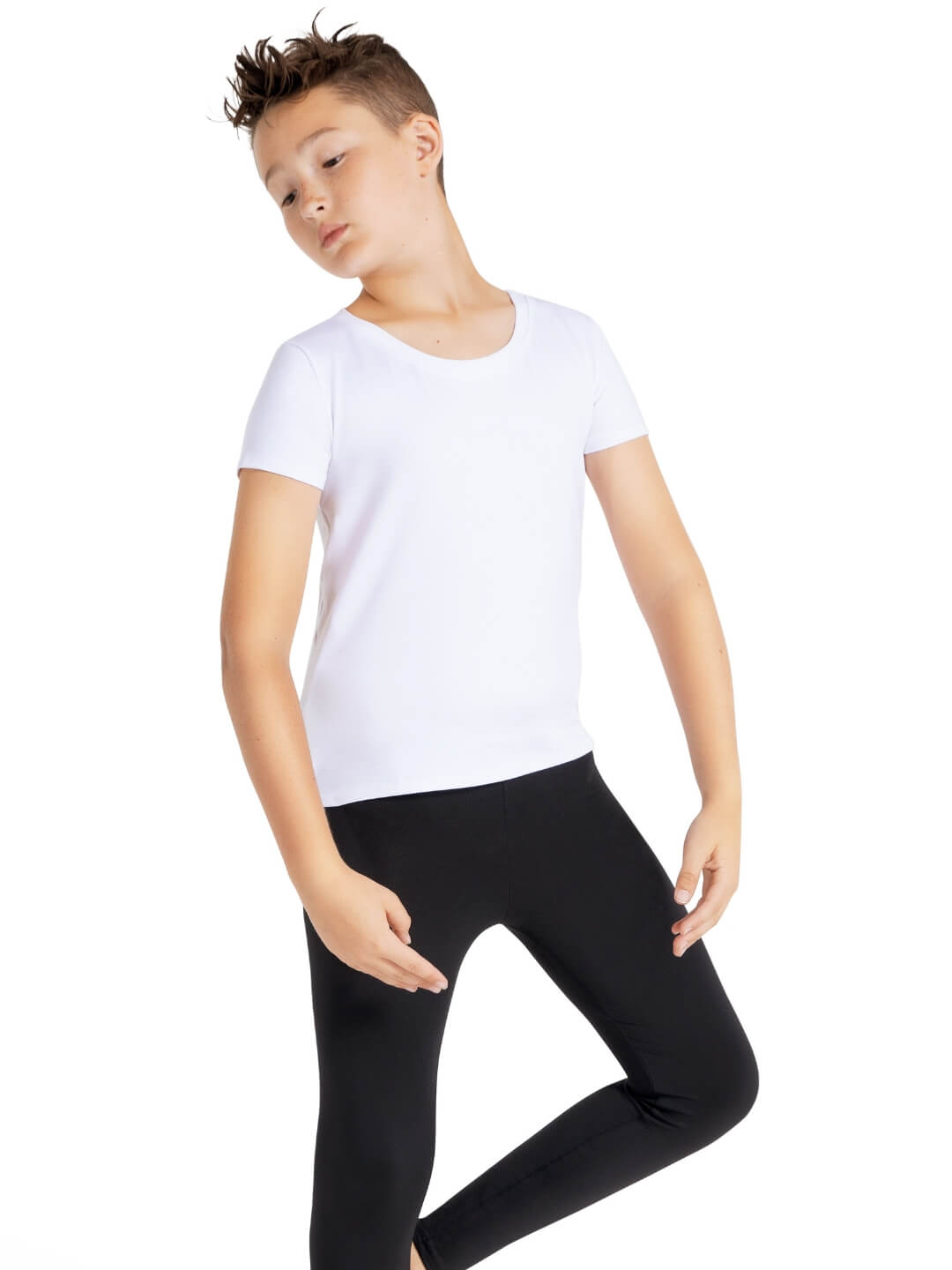 Child wearing a white t-shirt and black leggings on a white background