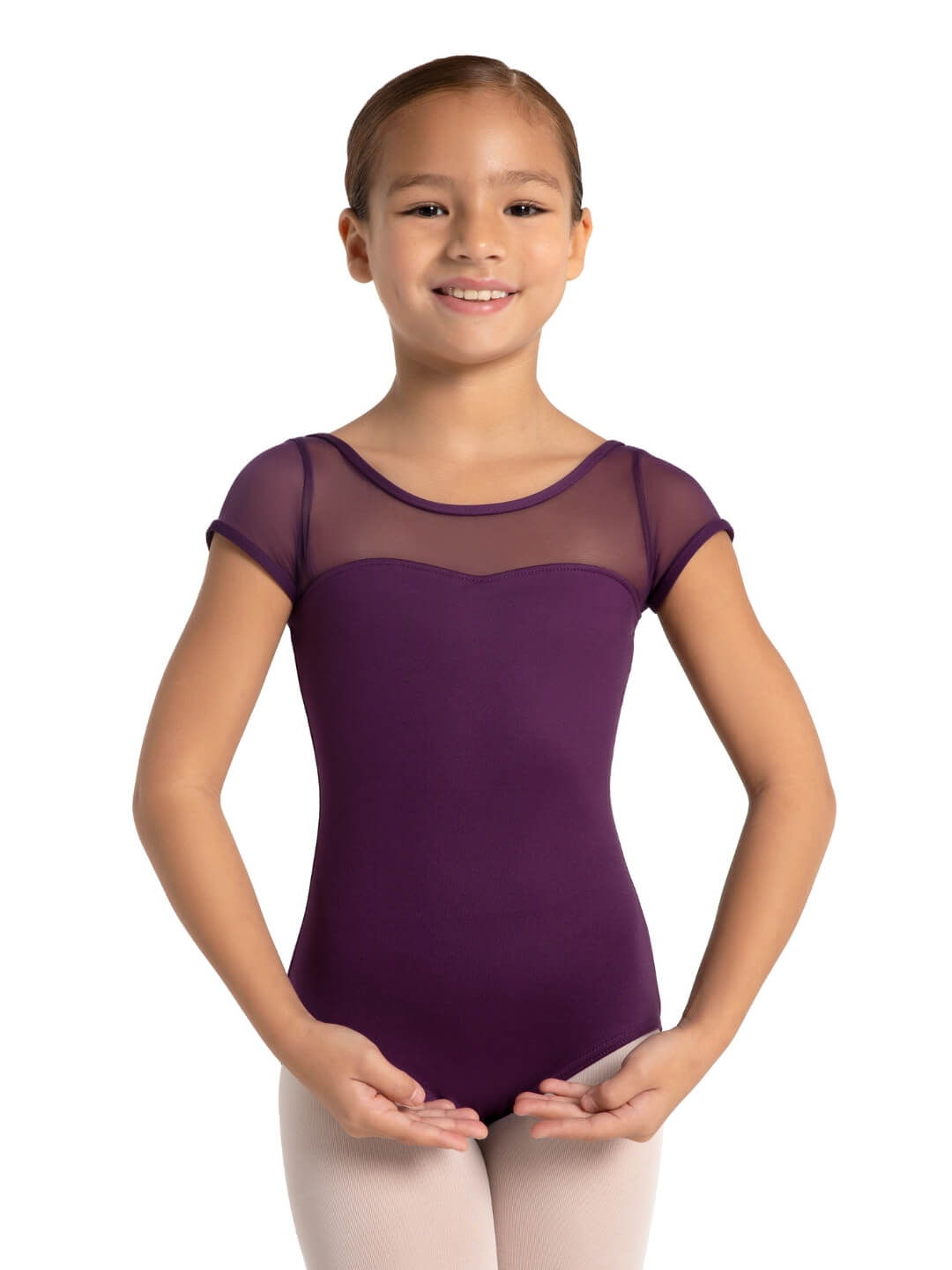 Capezio Studio Collection Mesh Yoke Short Sleeve Leotard Girls Aubergine SE1039C