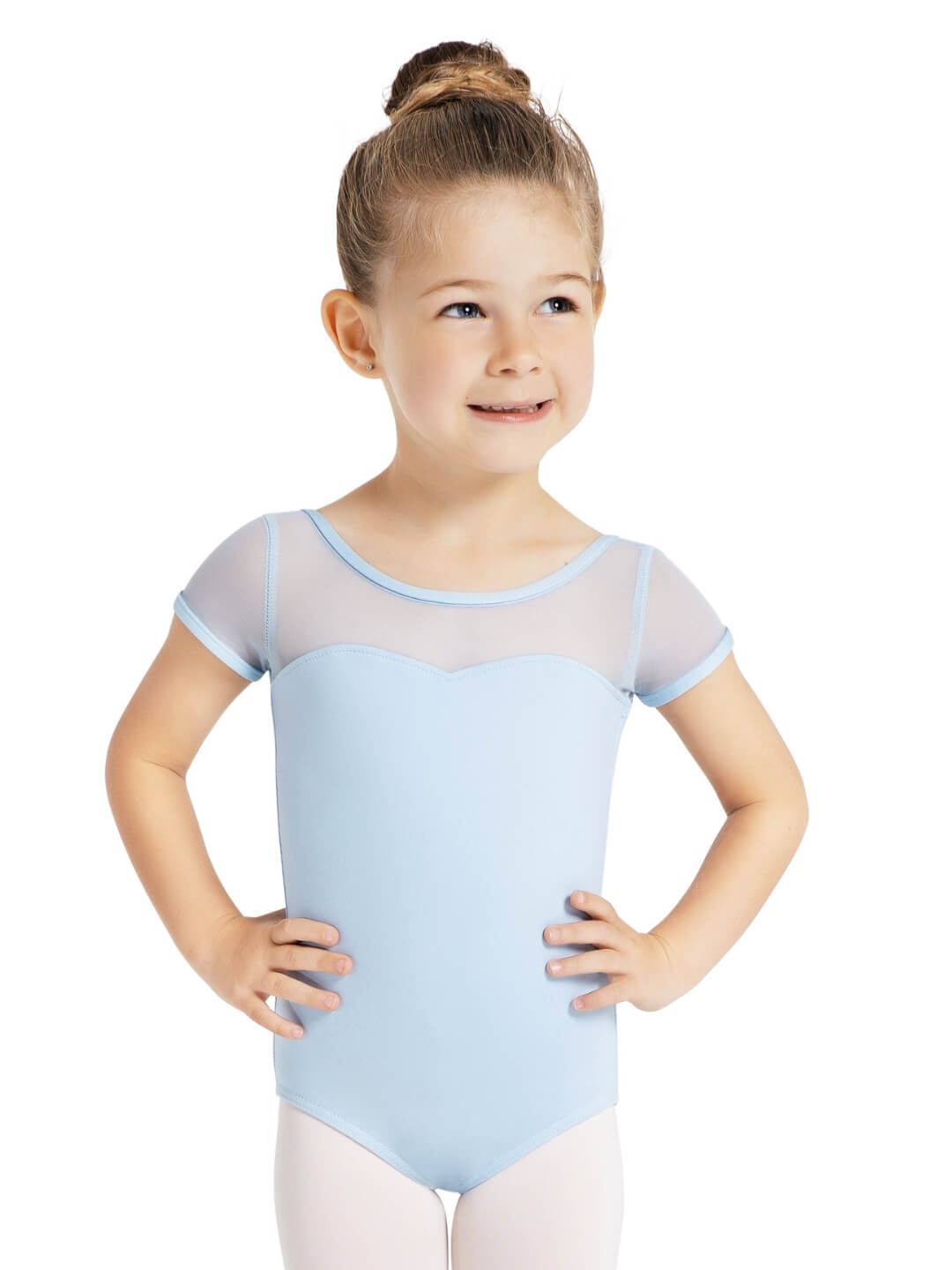 Capezio Studio Collection Mesh Yoke Short Sleeve Leotard Girls Light Blue SE1039C