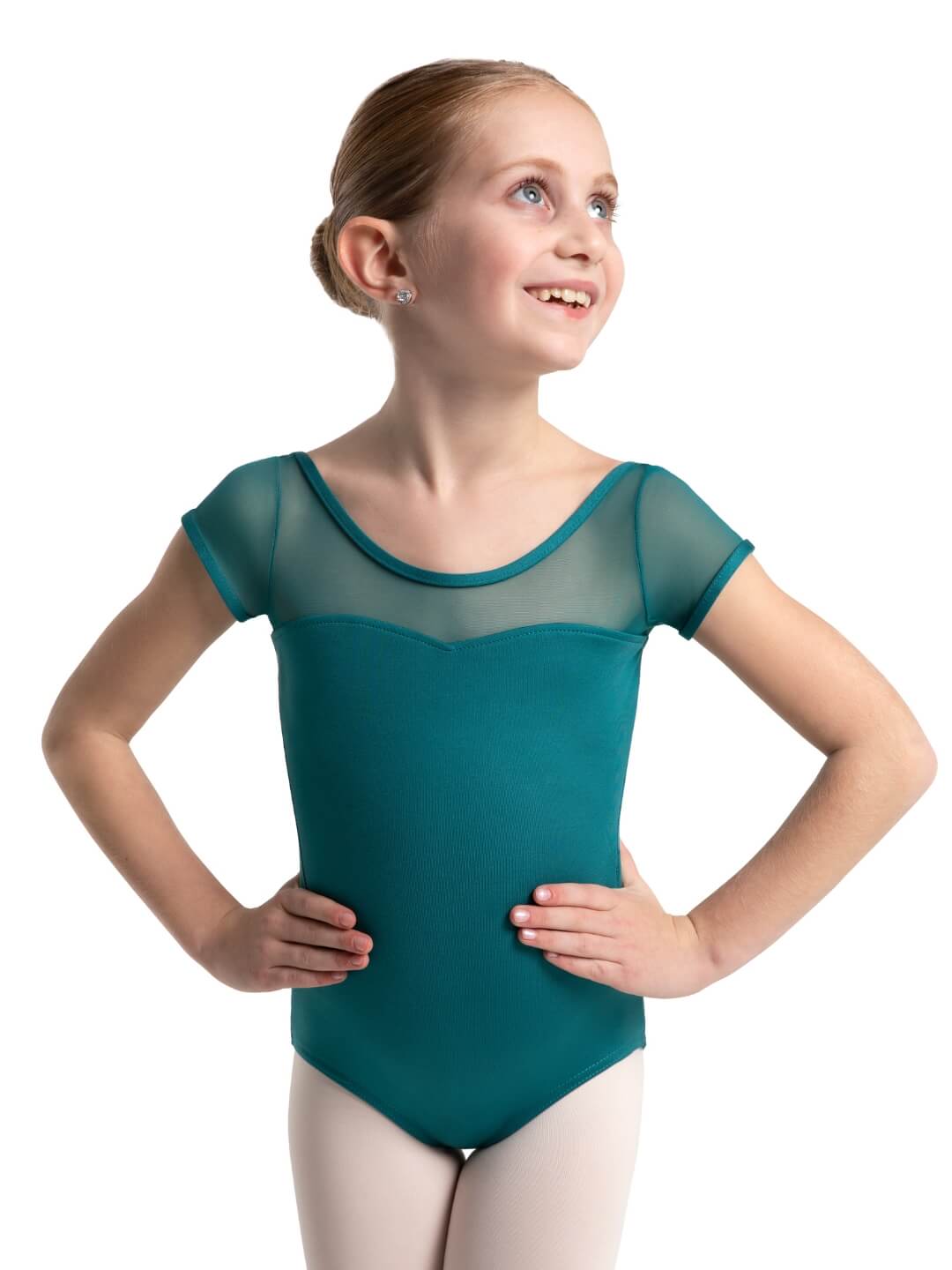 Capezio Studio Collection Mesh Yoke Short Sleeve Leotard Girls Teal SE1039C