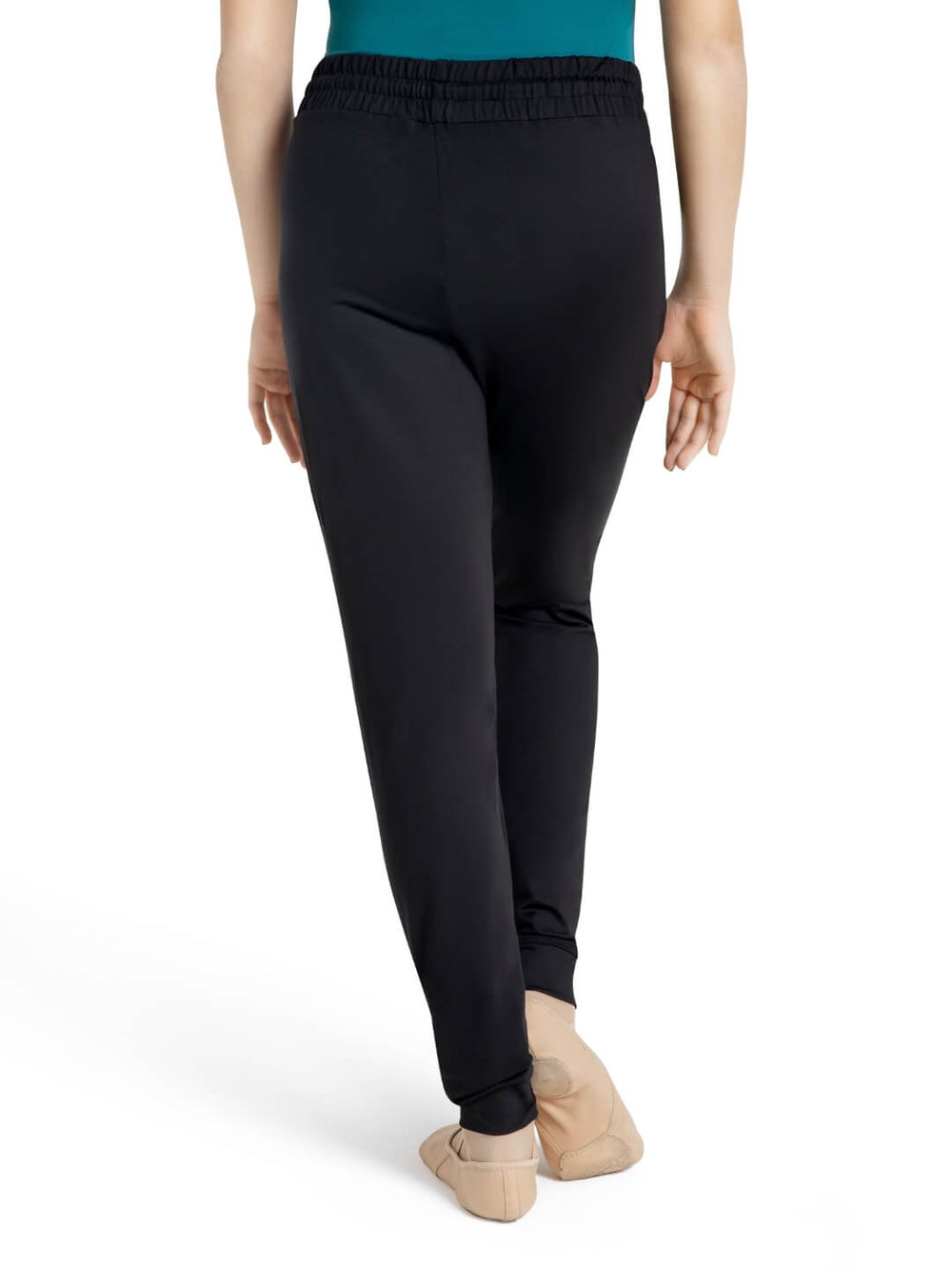 Black elastic-waist pants shown on a model from the back, paired with a teal top and beige shoes, against a plain white background.