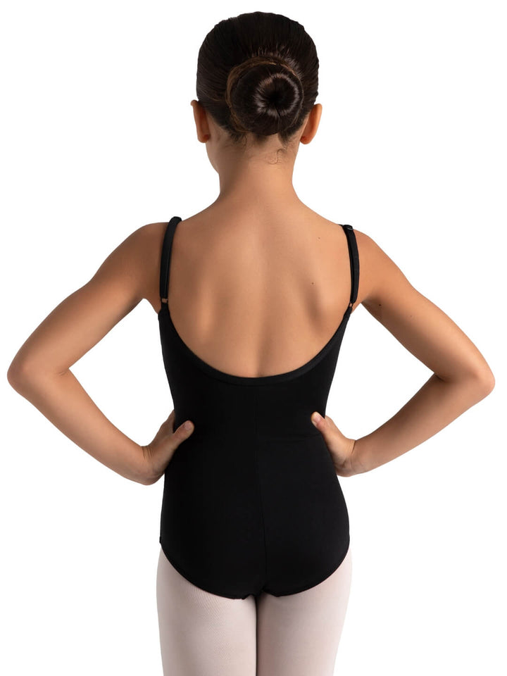 Person wearing a black leotard on a white background
