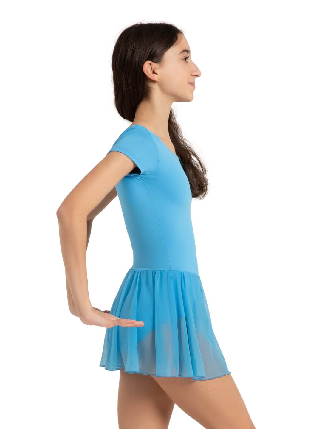 Woman wearing a blue dress on a white background